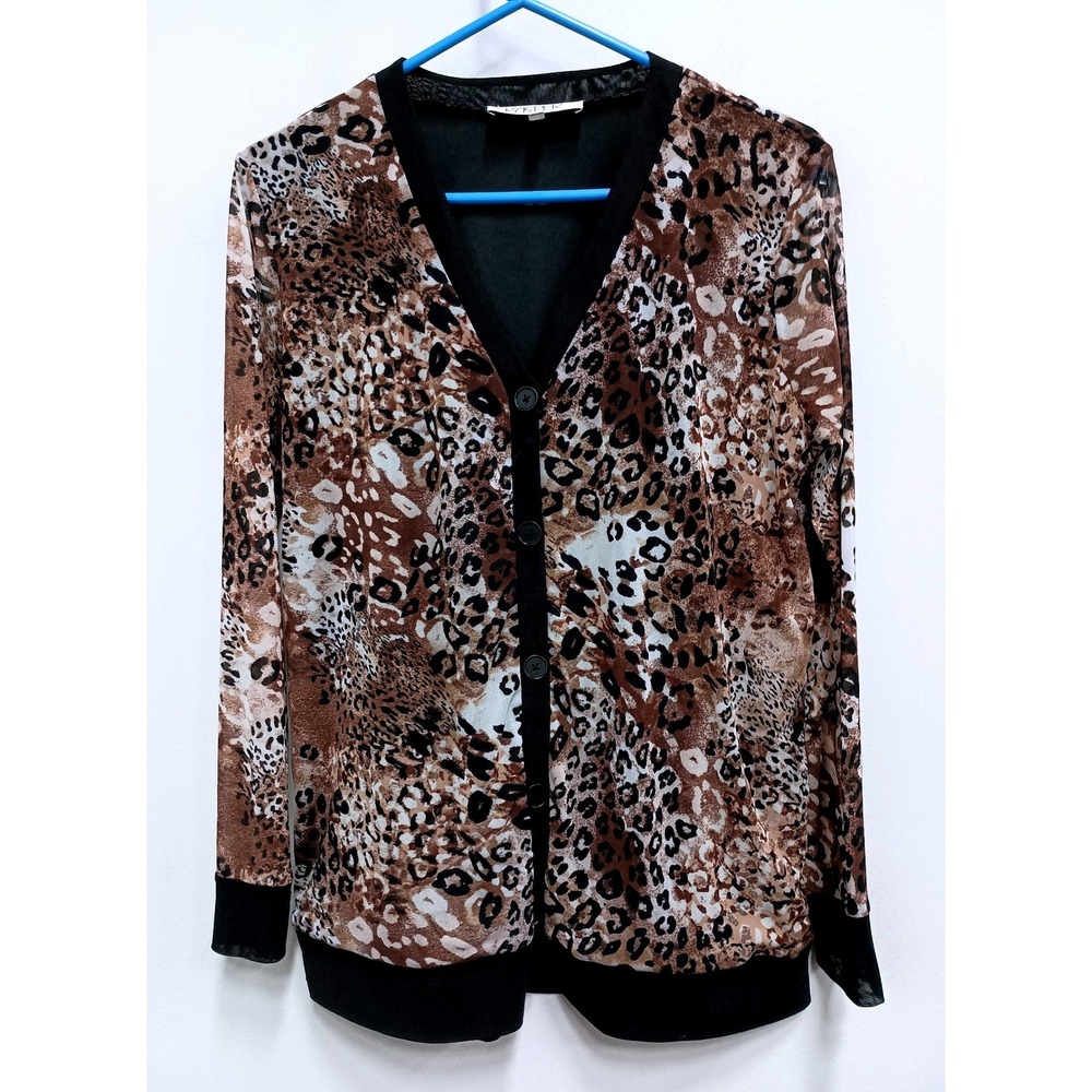 Kasper Cardigan Womens Medium Brown Leopard Print‎ Mesh Button Front Long Sleeve